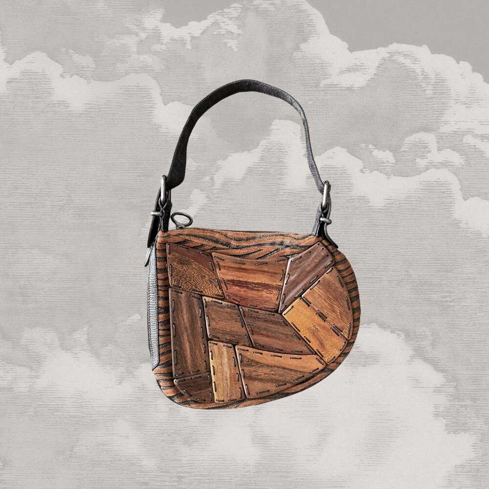 FENDI Wood Patchwork Tiger Print Oyster Shoulder Bag Hobo Y2K Lizard